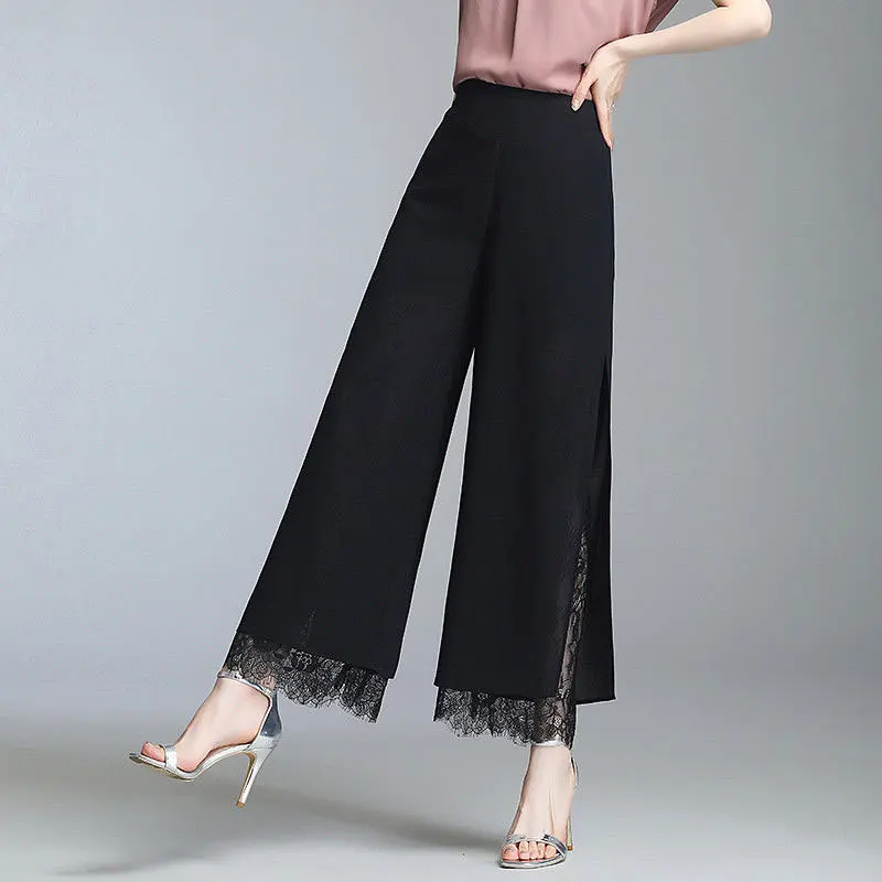 Elegant Lace Hollow Out Cropped Trousers Patchwork Split Female High Waist Commute Solid Color Summer New Elastic Wide Leg Pants