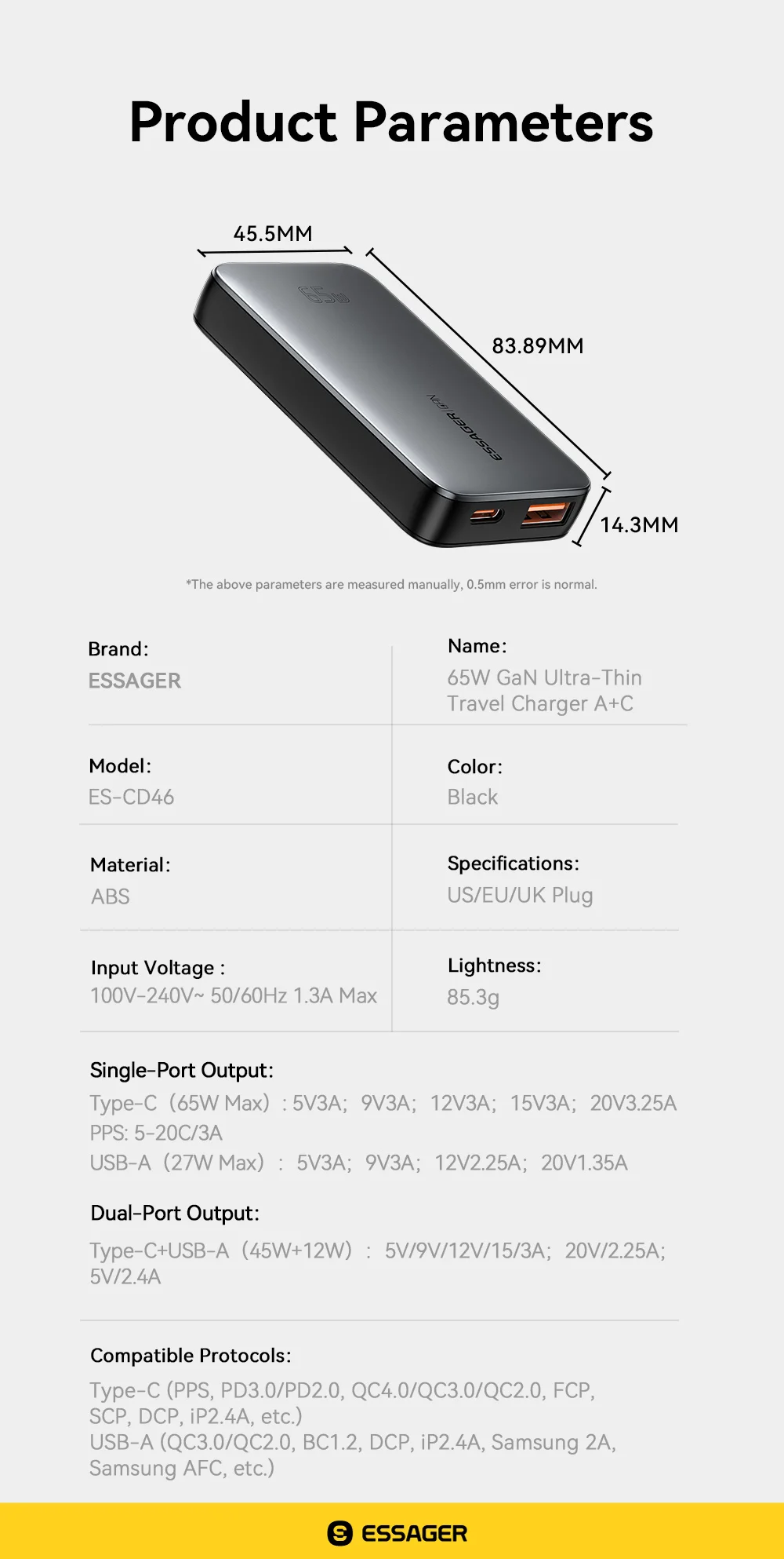 Essager 65W GaN Charger USB Type C Quick Charge 3.0 Fast Charger for iPhone 15 14 Xiaomi Samsung ipad Macbook Tablet PD Charger