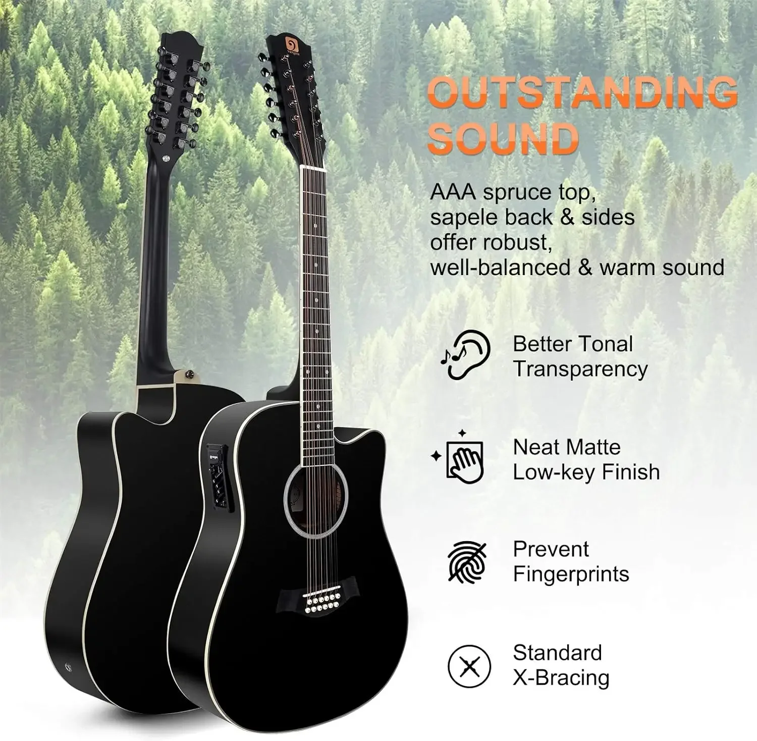 String Guitar, Twelve String Guitar Acoustic Electric Cutaway Guitarr Bundle for Beginner Adults, Teens, Spruce Top, B