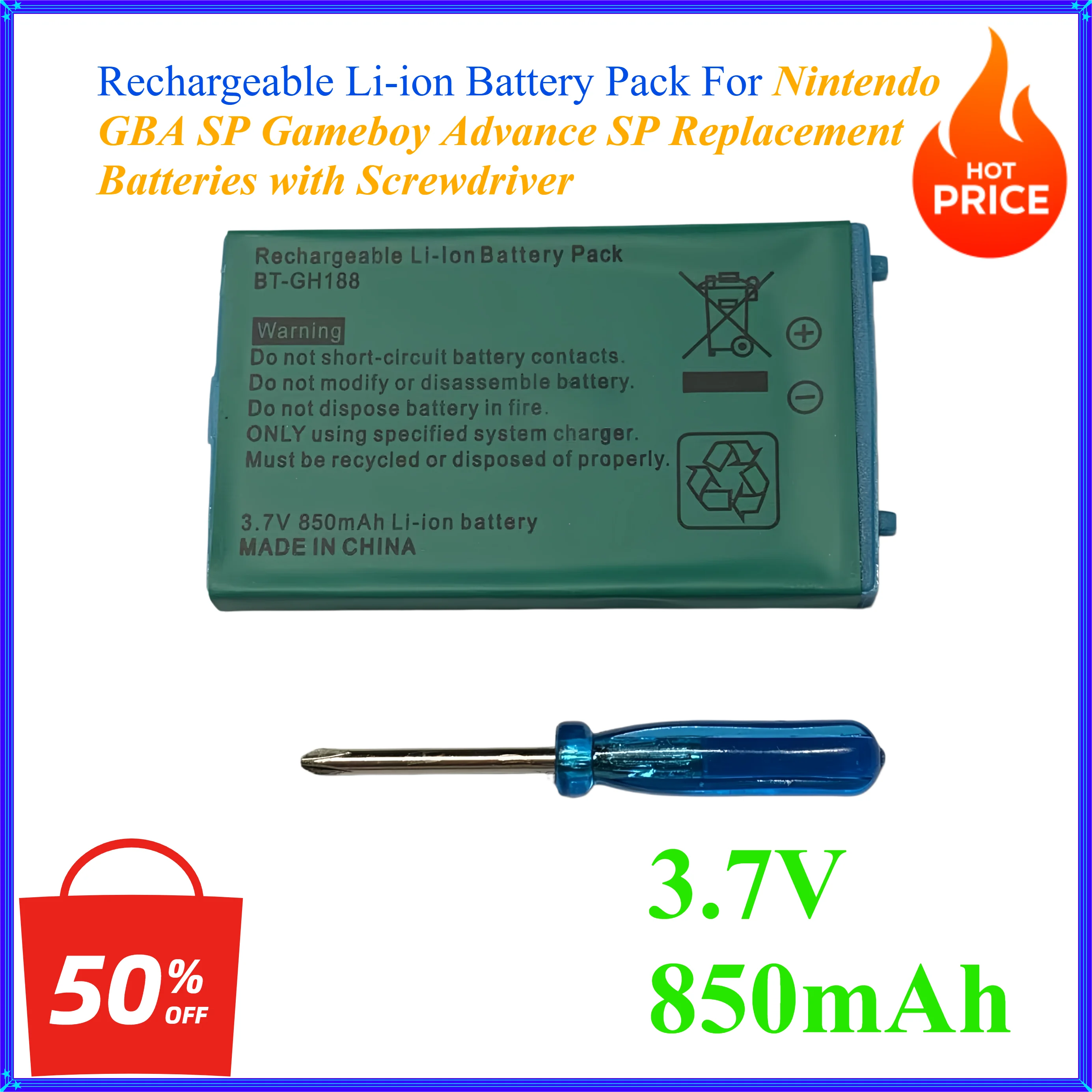 3.7V 850mAh Rechargeable Li-ion Battery Pack For Nintendo GBA SP Gameboy Advance SP Replacement Batteries with Screwdriver