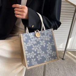 Flower Pattern Linen Handbag for Women New Trend Designer Bag Casual Shopper Button Tote Portable Travel Grocery Storage Bag