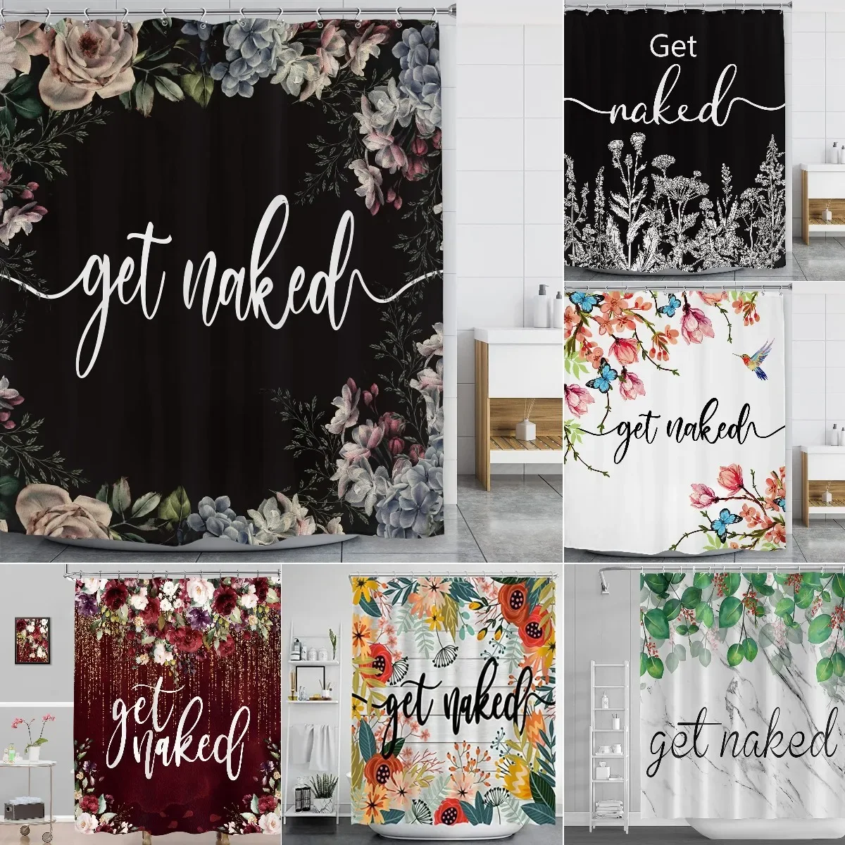 

Занавеска для душа Get Naked Flower, набор для ванной комнаты, винтажный черный, темный, цветочный, роза, садовые цветы, растение, домашний декор для ванной комнаты