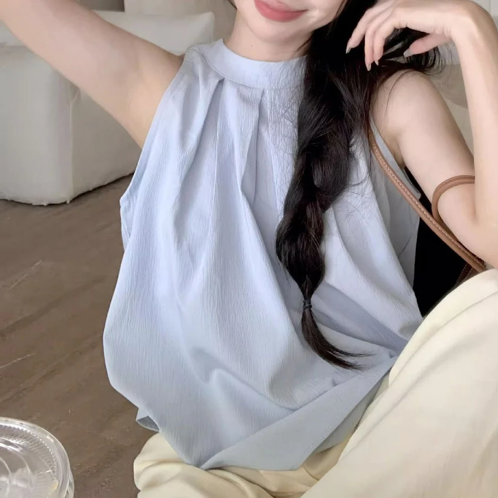 Chemisier noir sans manches, col licou, chemise à motif solide, vêtements printemps été automne, col rond, taille unique, convient à la plupart