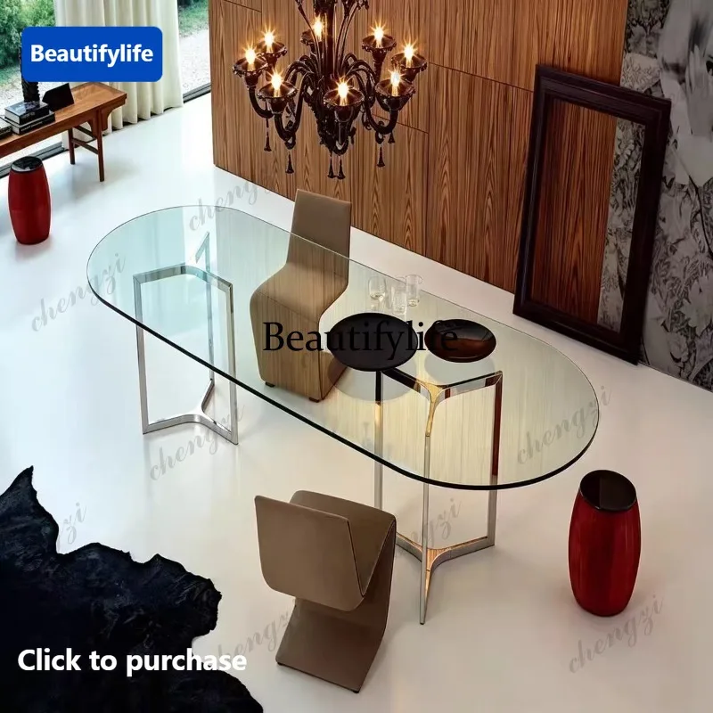 A68Italian minimalist dining table ultra-white tempered glass stainless steel special-shaped creative oval worktable