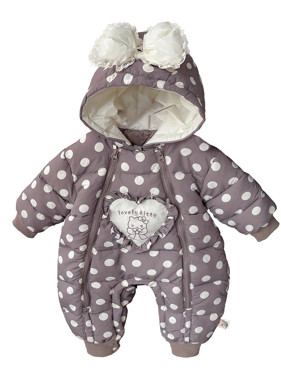 

Зимний костюм для малышей 2025: хлопковый комбинезон с капюшоном, в горошек, повседневный, модный, для девочек, с длинным рукавом и молнией