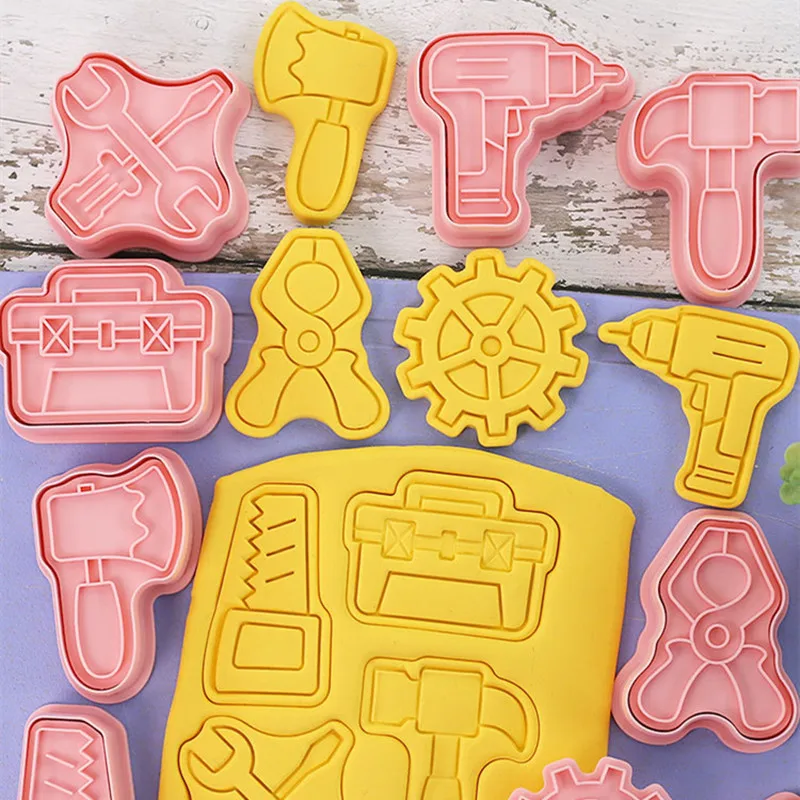 8Pcs/Set Repair Tools Biscuit Mold Screw Hammer Wrench Shape Cookie Cutter Stamp Fondant Cake 3D Plastic Baking Decoration Tools