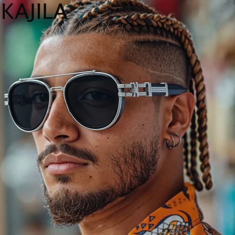 

Vintage Steampunk Pilot Sunglasses Men 2025 Luxury Brand Trendy Metal Double Bean Sun Glasses For Male Fashion Oval Shades UV400