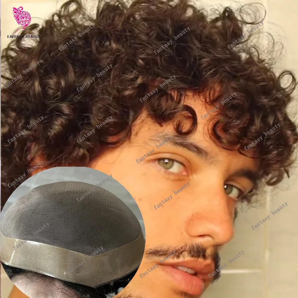 20 мм 24 мм вьющиеся афро мужские парики коричневые черные человеческие волосы 26 мм завитки прочные моно кружева и тонкие микро ПУ доступные мужские волосыProsthe