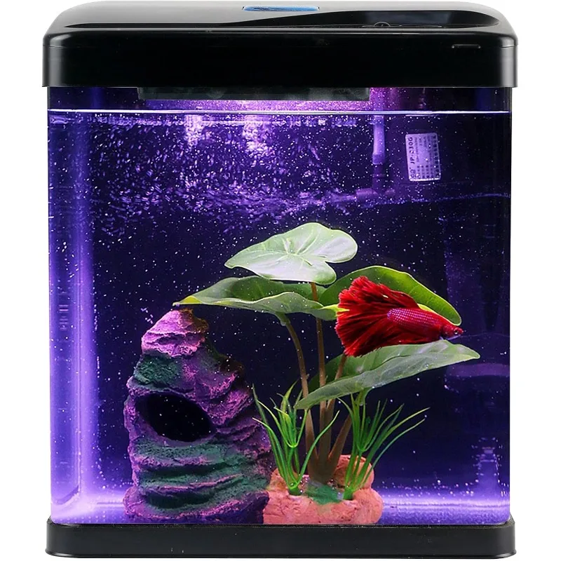 

Betta Fish Tank Self Cleaning Glass 2 Gallon Small Nano Aquarium Starter Kits Desktop Room Decor w/LED Light Decorations