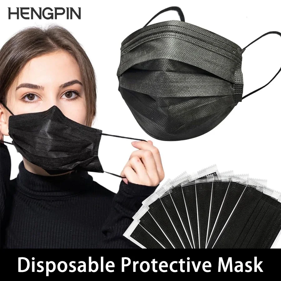 HENGPIN 100/200pcs Black Mask Disposable Protective Face Mask Separate Package Independent Packag 3 Layer Ply Breathable Daily