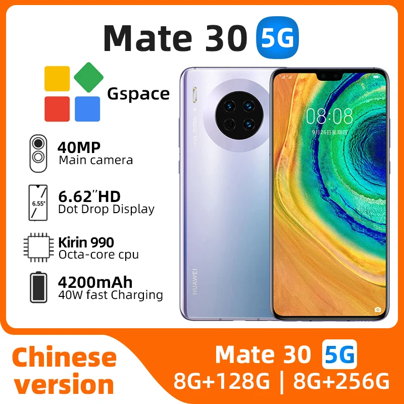 Huawei Mate 30 Smartphone 5G 40mp + 24mp Camera 6.62 Inch 256Gb Rom 8Gb Ram Mobiele Telefoons Harmonyo 'S 4200Mah Nfc Gebruikte Telefoon