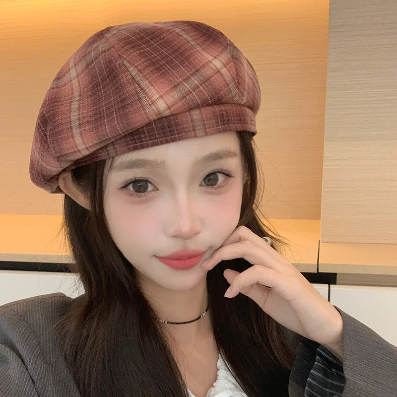 New Small Fresh Polished Plaid Beret Girls Trendy Fashion Painter Hat Korean Literary and Artistic Face Small Newsboy Hat