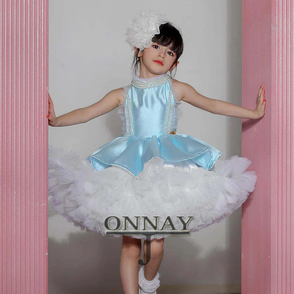 ที่กําหนดเอง Halter Ruffles ดอกไม้สาวชุดไข่มุกประดับด้วยลูกปัดประกวด First Communion Robe De Demoiselle สําหรับ Baby Plus