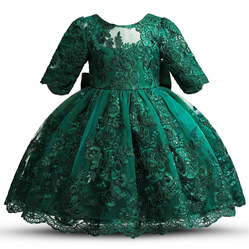 Baby Girls Party Dresses Embroidery Lace Elegant Dress Newborn Infant Birthday Tutu Gown Green Christmas Dress for Girls 1-5Yrs