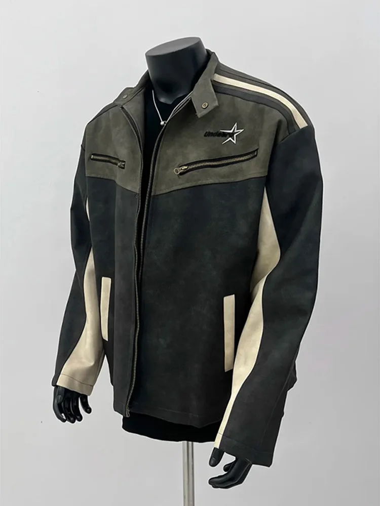 

Ретро американский мотоциклетный джет с контрастной строчкой и надписью, мужской и женский осенний крутой элитный джет для верховой езды