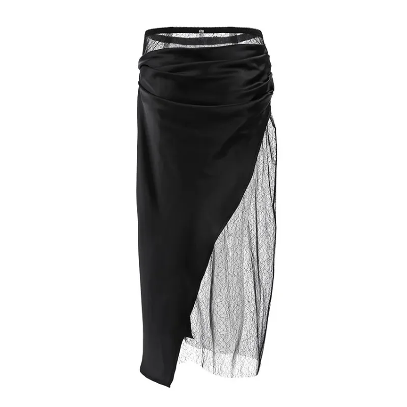 2025 Spring Spice Girl Black Wrap Lace Fart Curtain Skirt Women's Fashion Asymmetrical Splicing A-shaped Skirt Women's Clothing
