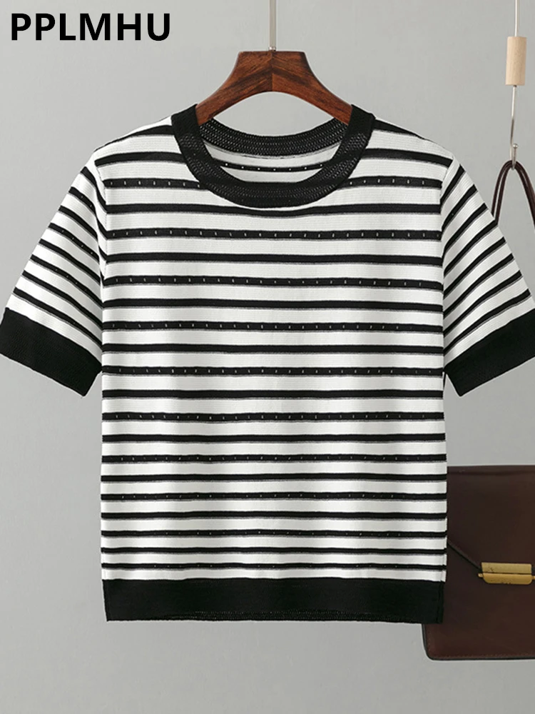 2023 New Striped Hollow Out Knitted Tops Women Casual O-neck Ice Silk Cropped Tshirts Loose Short Sleeve Korean Knitwear Jumper