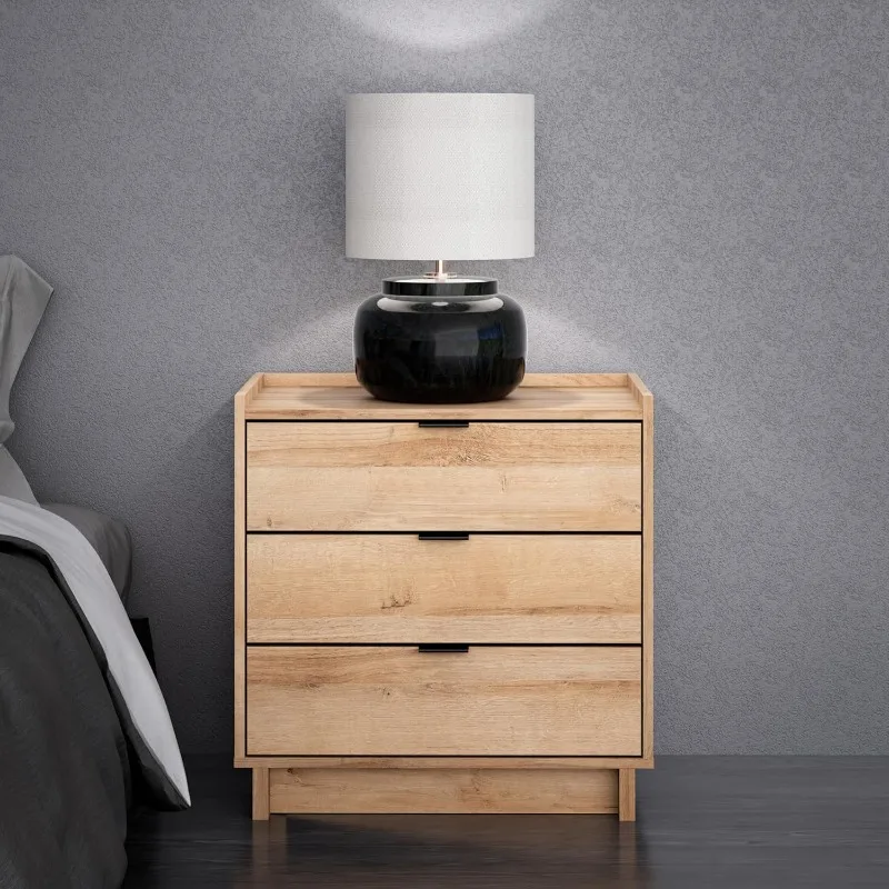 Simply Modern Nightstand Bedside Table, Natural Oak Nightstand for Bedroom, End Table with 3 Drawers 26.5