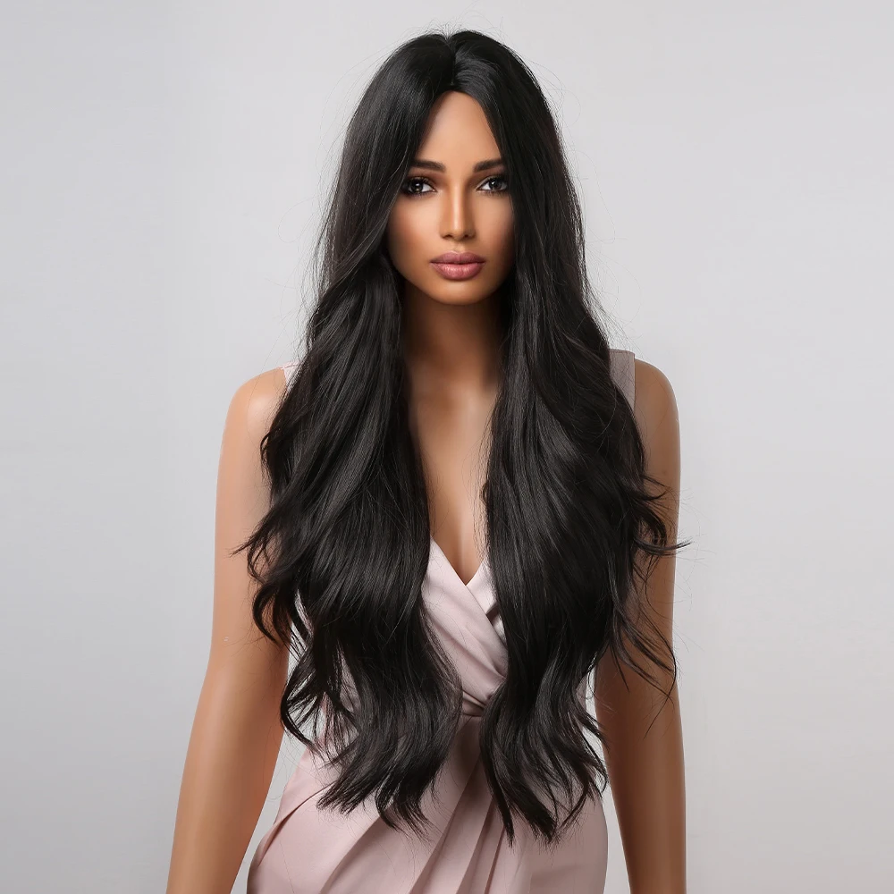 باروكة صناعية سوداء طويلة مموجة بالجزء الأوسط للنساء تستخدم شعر طبيعي للحفلات اليومية ألياف مقاومة للحرارة