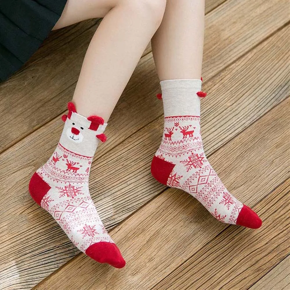 

Cartoon Hosiery Christmas Elk Ankle Socks Sweat Absorbent Polyester/Cotton Red Women Socks Elastic 3 Pairs Cartoon Short Socks
