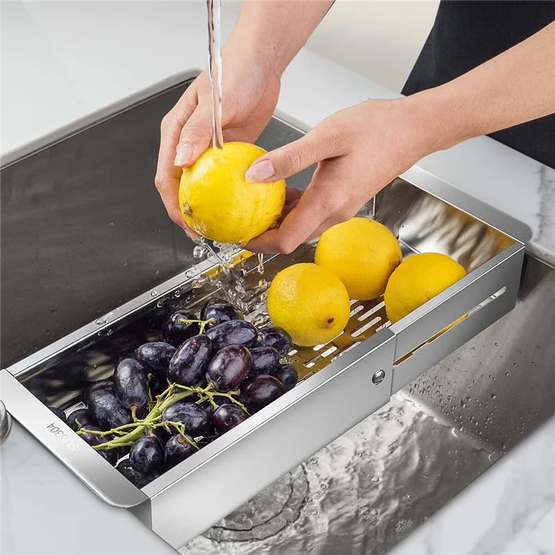 AEE2-Over The Sink Sieb Siebkorb aus Edelstahl – zum Waschen von Gemüse und Obst, zum Abfluss von gekochten Nudeln – ausziehbar