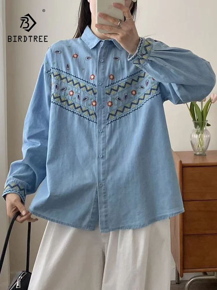 

New 2026 Spring Women Long Sleeve Denim Shirt, Turn-down Collar Embroidery, Mori Girl Fashion Preppy Style Loose Blouse T63225CC