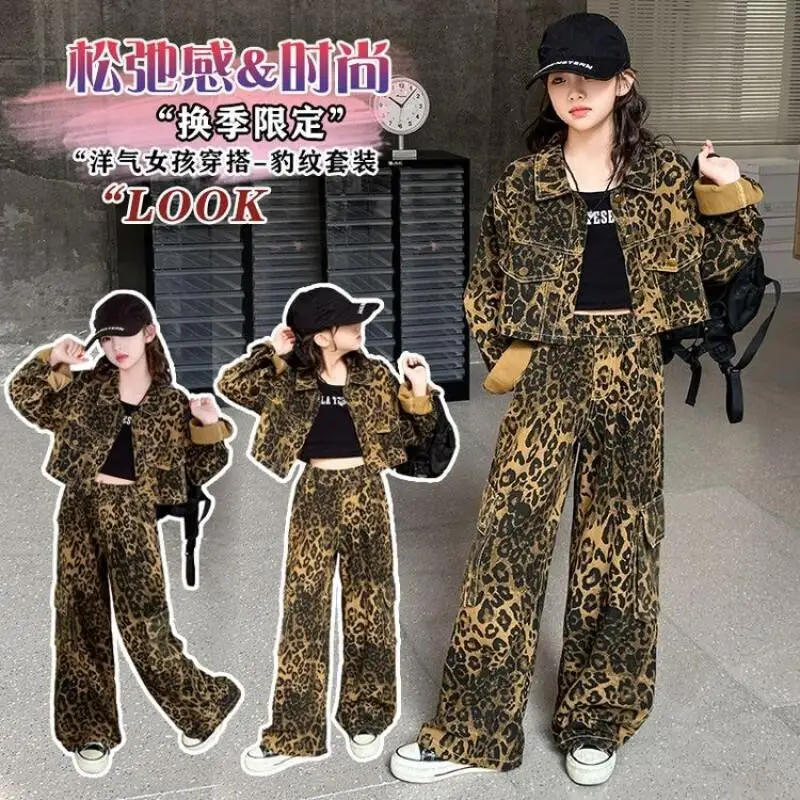 Spring and Autumn Children Clothes Girls Fashion Leopard Denim Jacket + Pants Kids Hip Hop Cargo Pants Loose Casual Streetwear