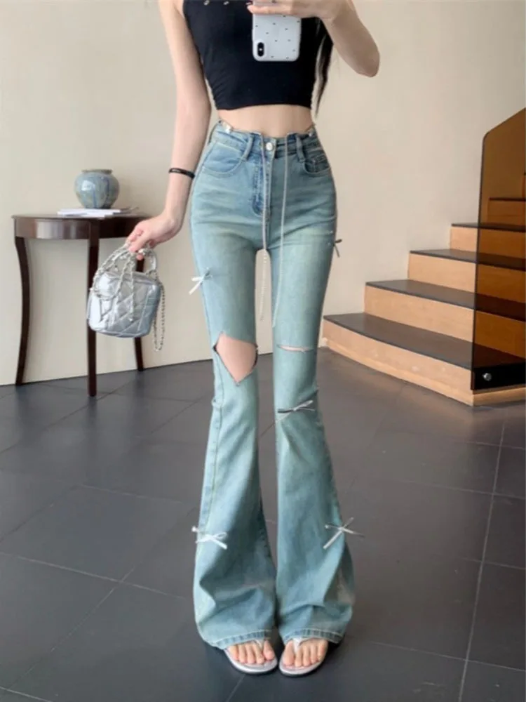 

Y2K Summer High Waist Slim Fashion Solid Color Regular Thickness Pants Retro Micro Flare Distressed Mopping Jeans Hole