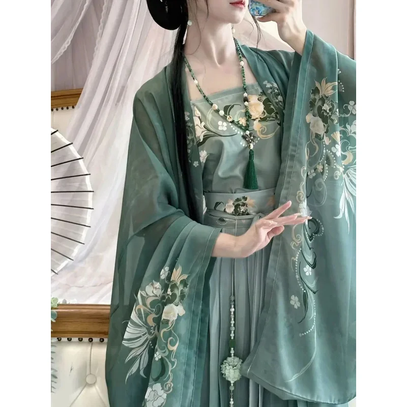 Ancient Chinese hanfu dress women Chinese traditional cosplay costume green printed Hanfu 3PCs sets for women plus size XL