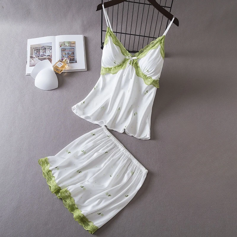 

Летний женский комплект пижамы на бретельках: кружевное сексуальное белье для сна, топ на бретельках и шорты, ночная одежда, шелковистый атласный пижамный костюм, домашняя одежда