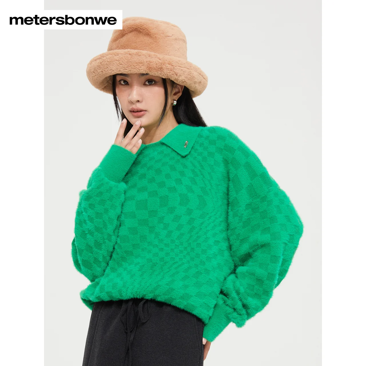 Metersbonwe-Women\'s POLO Collar Jumper Simple Checkerboard Loose Sweater  Christmas Green Sweet Stylish Female Warm Wear Winter