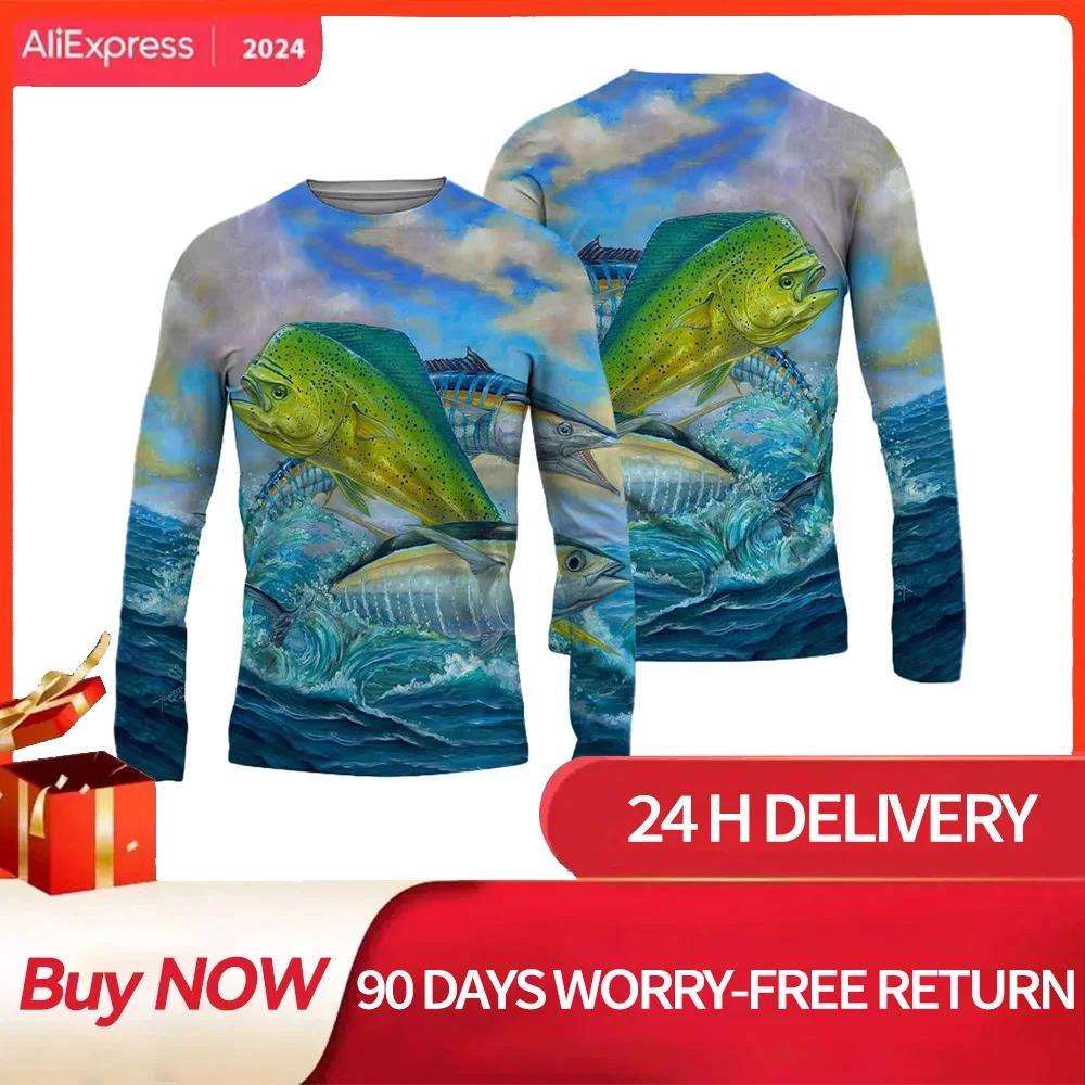 2024 Men\'s Fishing Shirts 3D Pinting Fishing Apparel Breathable T-Shirt Long Sleeve Outdoor Sports Crewneck Fishing Shirt 6XL