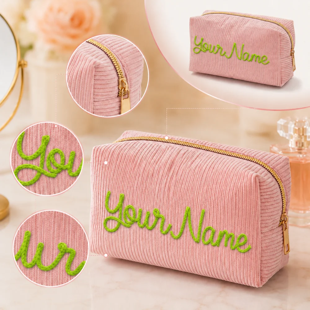 Wholesale Personalized Embroidered Name Cosmetic Bag, Custom Corduroy Travel Makeup Zipper Pouch Bridesmaid Gift Storage Case
