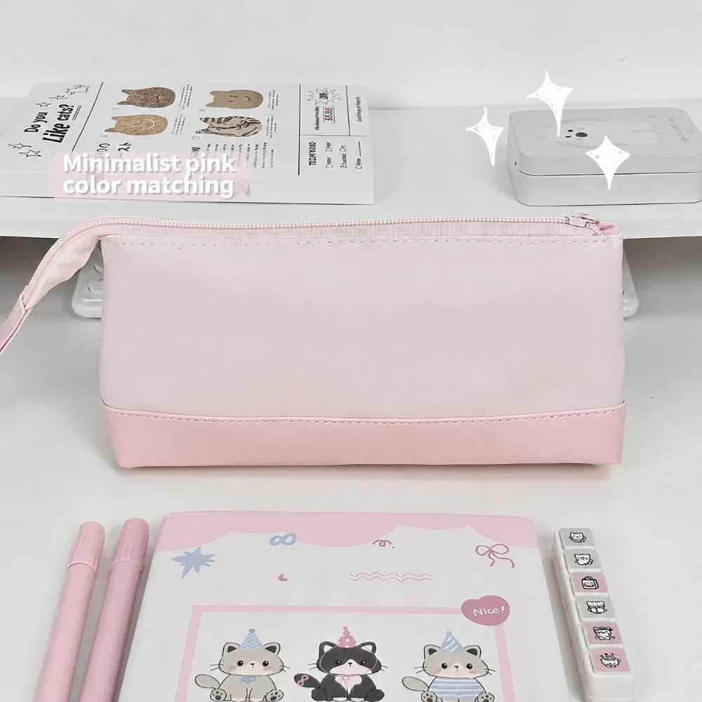 Portable PU Pencil Case Rabbit Print Pink Pen Bag with Photo Window Large Capacity Stationery Pouch School Supplies