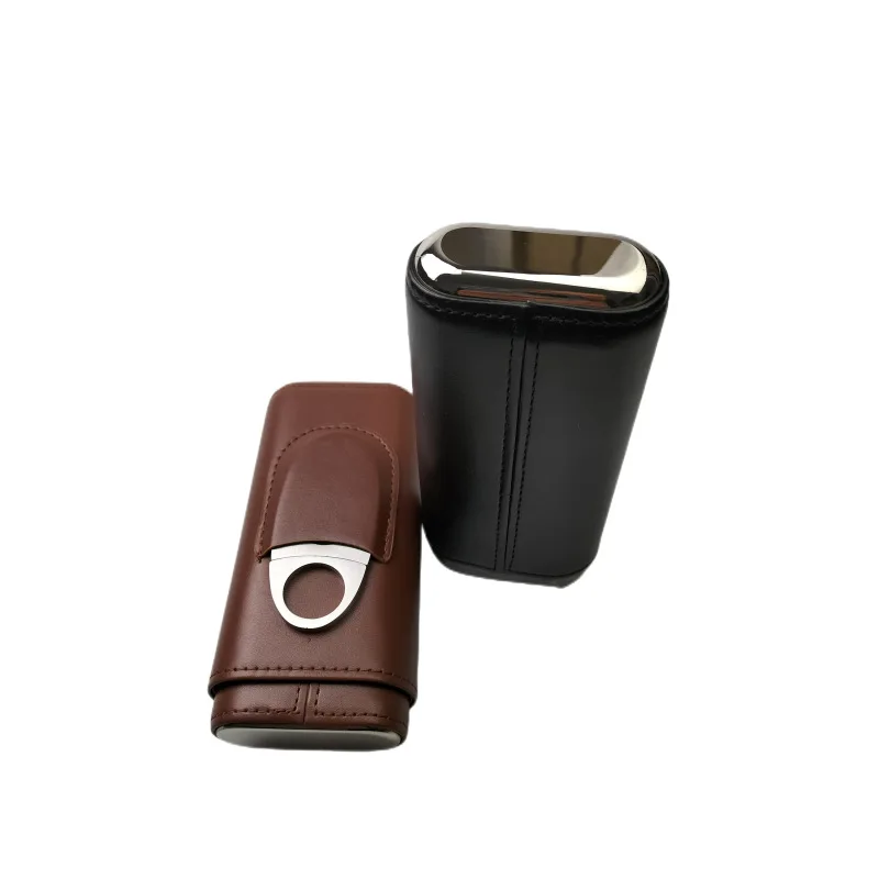 Cigar Humidor Portable Cigar Brown and Black Two Choices Cowhide Material Leather Case with Silver Cigar Cutter