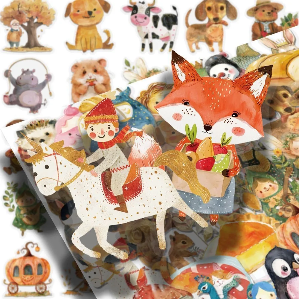 50Pcs Healing Warm Fairy Tale Collection PET Transparent Stickers Cute Animal Watercolor Decals for Journal Phone Case DIY