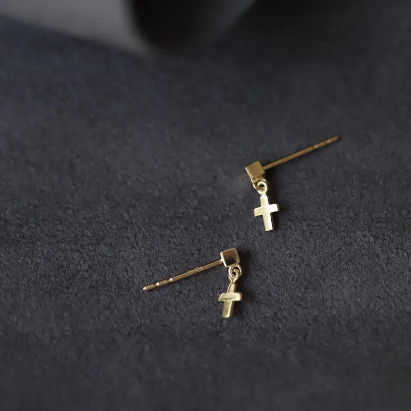 925 Sterling Silver Plated 14K Gold Mini Cross Stud Earrings for Women Korea Temperament Versatile Jewelry