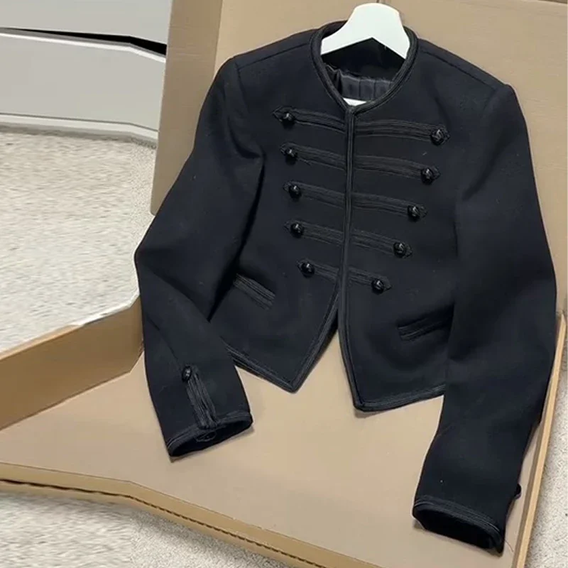 

Elegant O-neck Long Sleeve Double Breasted Coats Fashion Black Cropped Jacket For Women 2026 Spring Chic Lady Outerwear Street