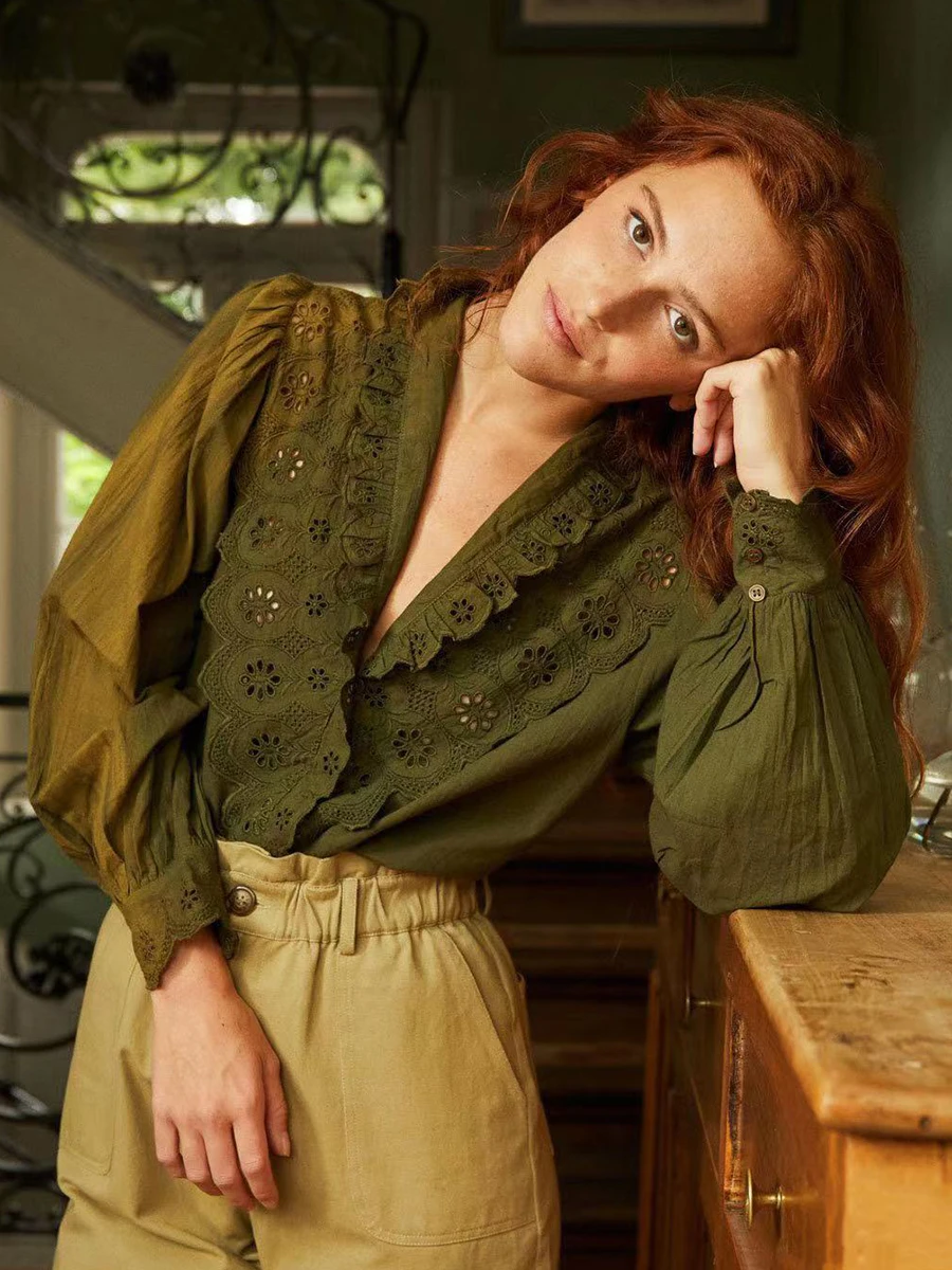 

Solid Floral Embroidery Patchwork Casual Blouses Women Hollow Out V-neck Puff Sleeve Vintage Blouse Summer Femme Elegant Shirts