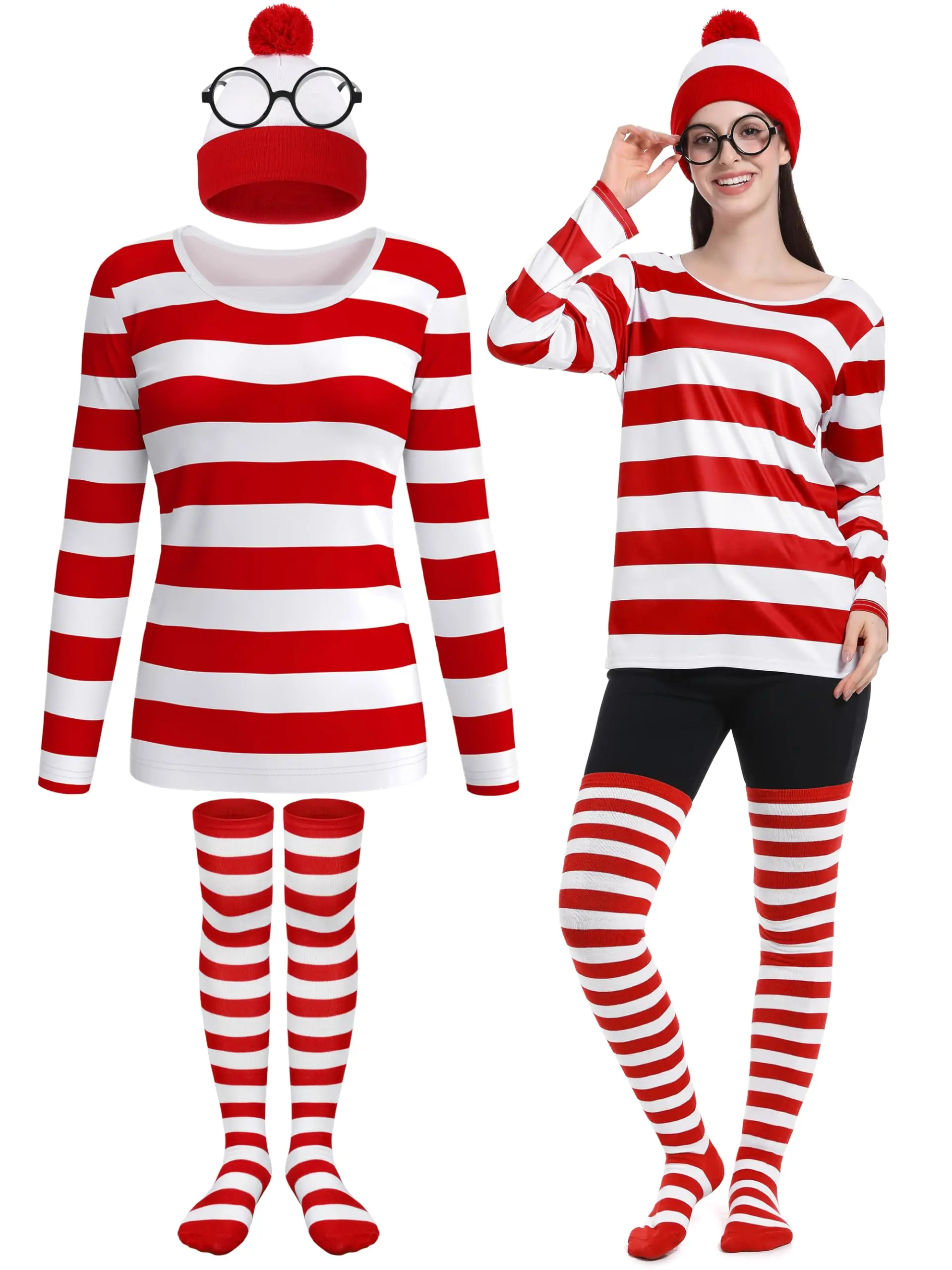 

Adult Halloween Costume Set Womens Costume Set Cosplay Red White Striped Shirt Beanie Hat Nerd Glasses Chrismas Cosplay Props
