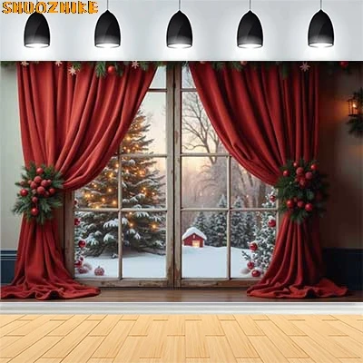

Christmas Day Wreath Family New Year Party Photography Backdrops Prop Window Living Room Xmas Tree Gift Snow Background VN-16