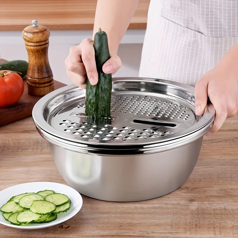 3pcs Stainless Steel Kitchen Set with Grinder Filter Bowl for Slicing Fruits Vegetables Cheese uses for kitchen tools