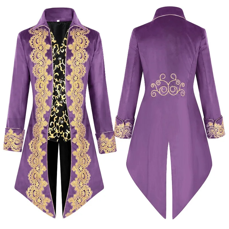 

New Euro-American Style Medieval Court Coat – Men's Lace Trim Punk Vintage Tailcoat for Cosplay Stage Performance Outfit