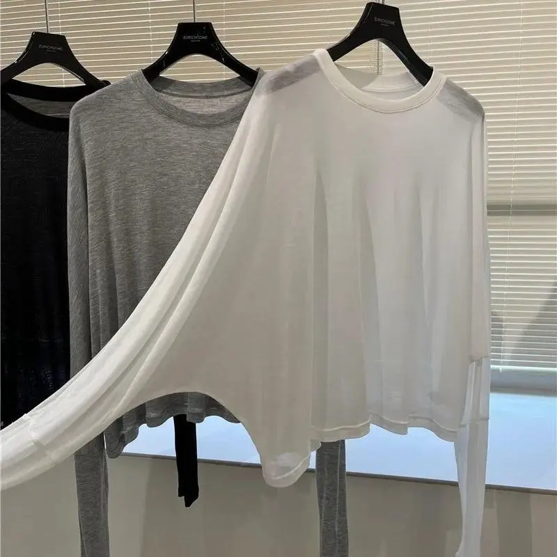 Long Sleeve T-Shirt Women Summer Fashion Style Micro Transparent Soft Skin Shirt Air Conditioner Cover Sun Protection Top