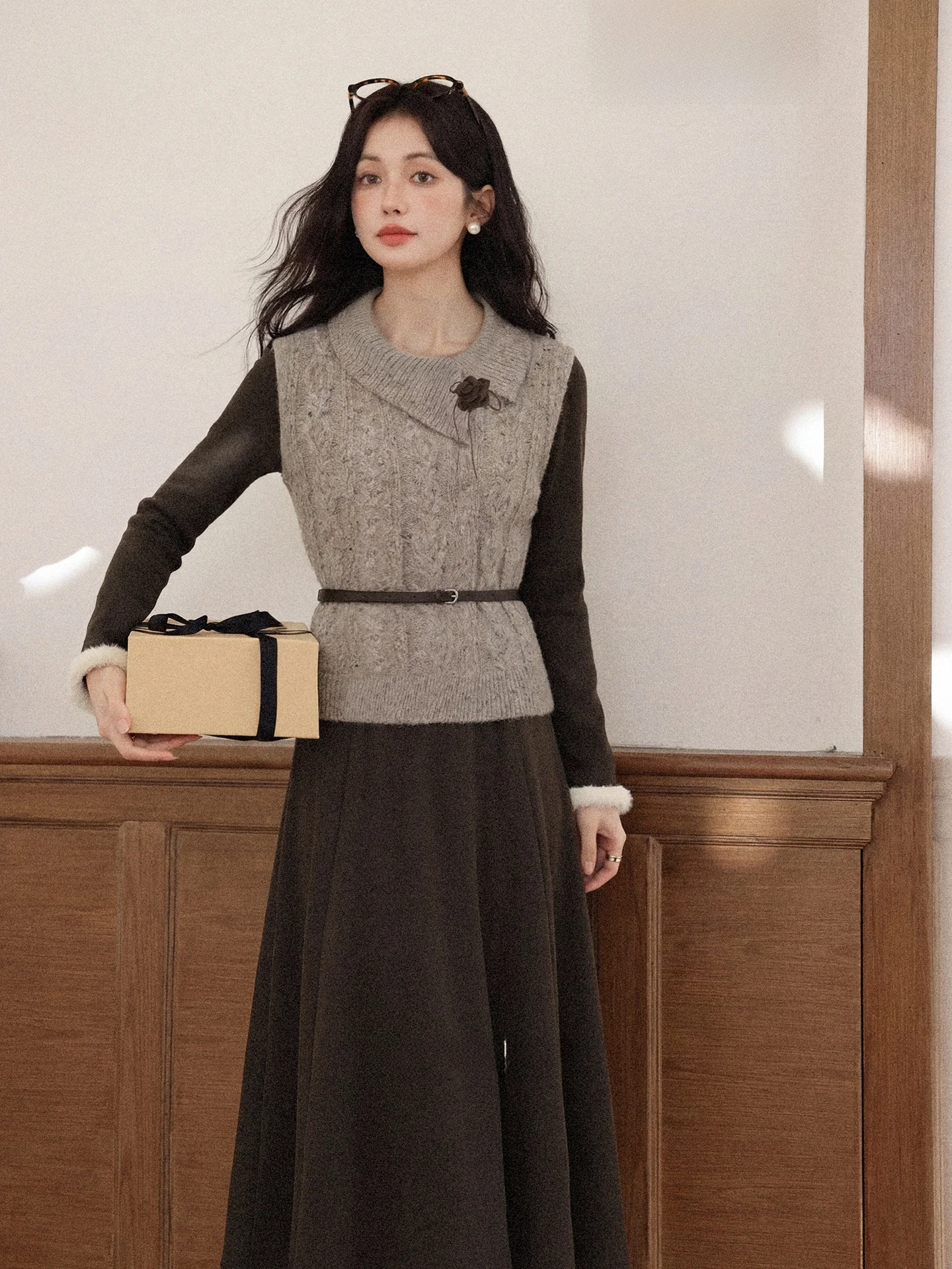 

Lyn South Korean Sle Lazy New Year Women's Vest Dr Set Winter Faion High Waist Loose Fit Long Sve Casual Outfit