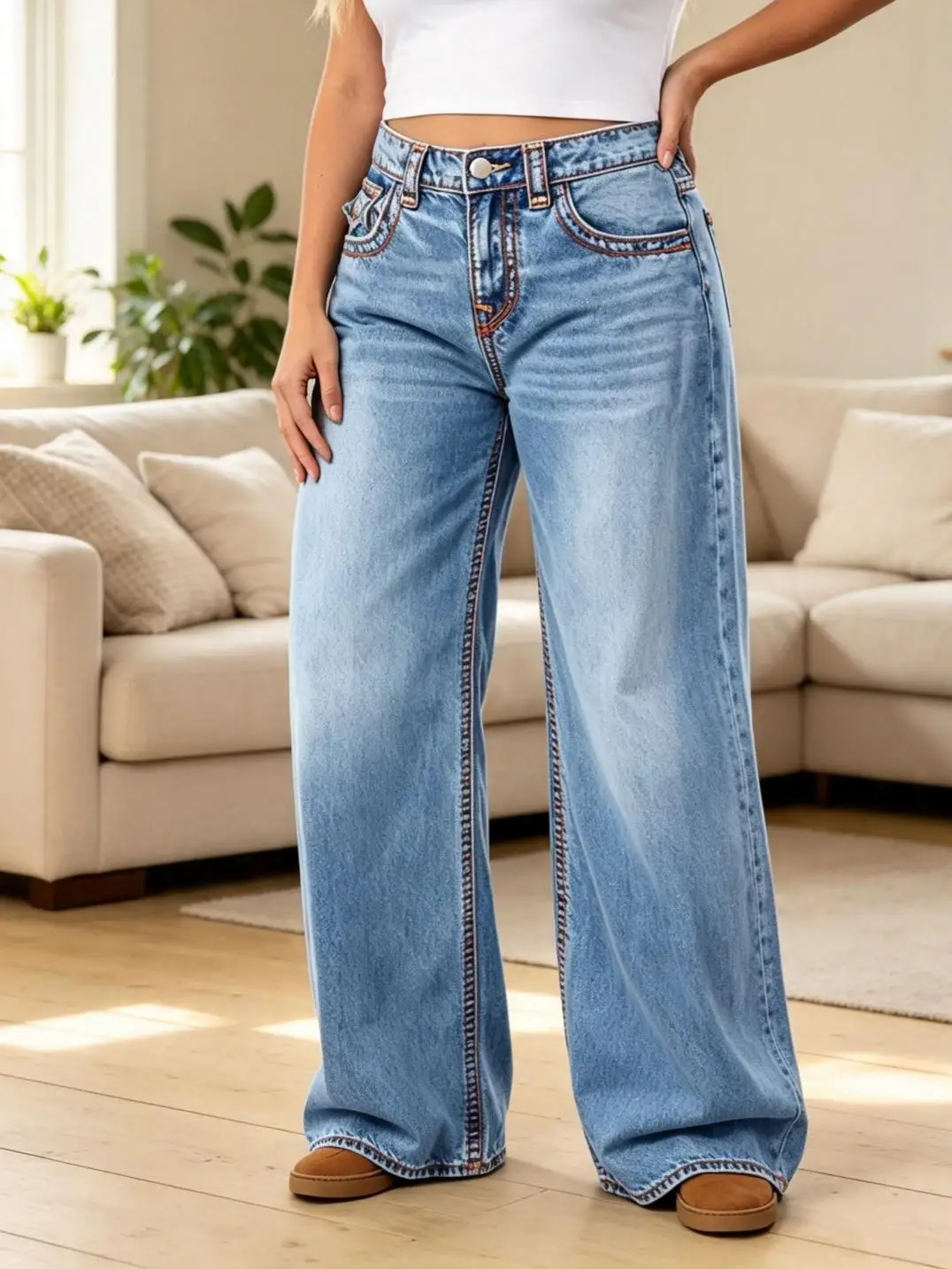 【HME】Jeans | Women Vintage Western Denim Pants, Mid‑Rise Wide Leg Denim Jeans, Contrast Thick Stitching, Flap Button Back Pockets, Stone‑Wash Retro Loose‑Fit Pants For Daily Street Casual Outfits