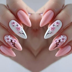 Upgrade your nail styling 24pcs medium length almond shape pink fresh floret wear nail manicure press nail piece & 1 rub strip &