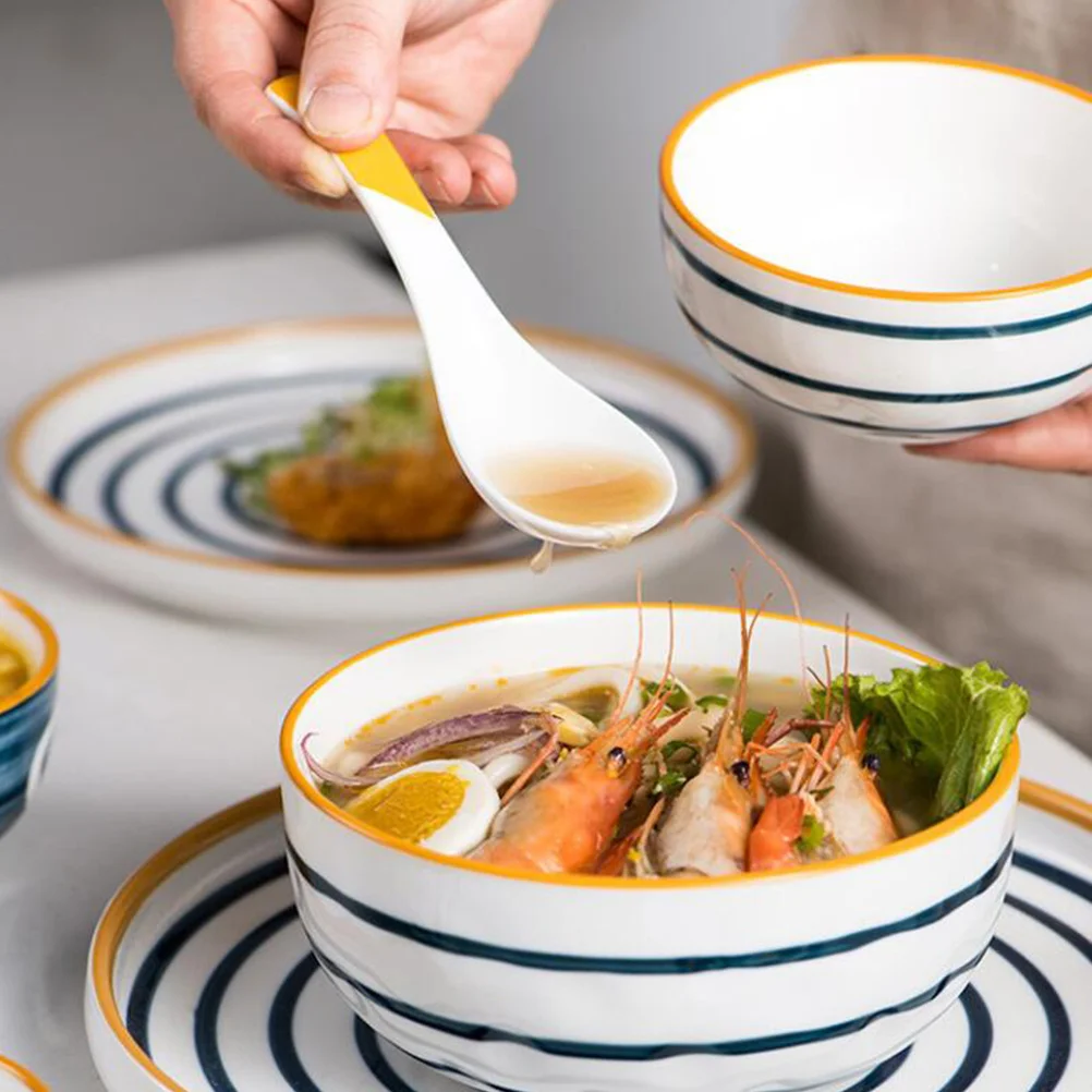 

4Pcs Ceramic Soup Spoons Household Kitchen Tableware Rice Eating Spoons Yellow White Simple Stylish Easy Clean