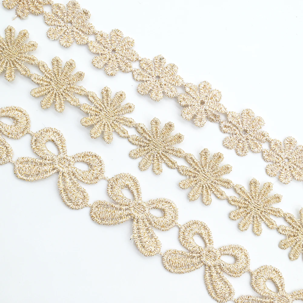 2Yards Gold Trim Lace Ribbon Petals Daisy Embroidery Golden Ribbons Dresses Decorative DIY Knitting Handmade Lace for Sewing