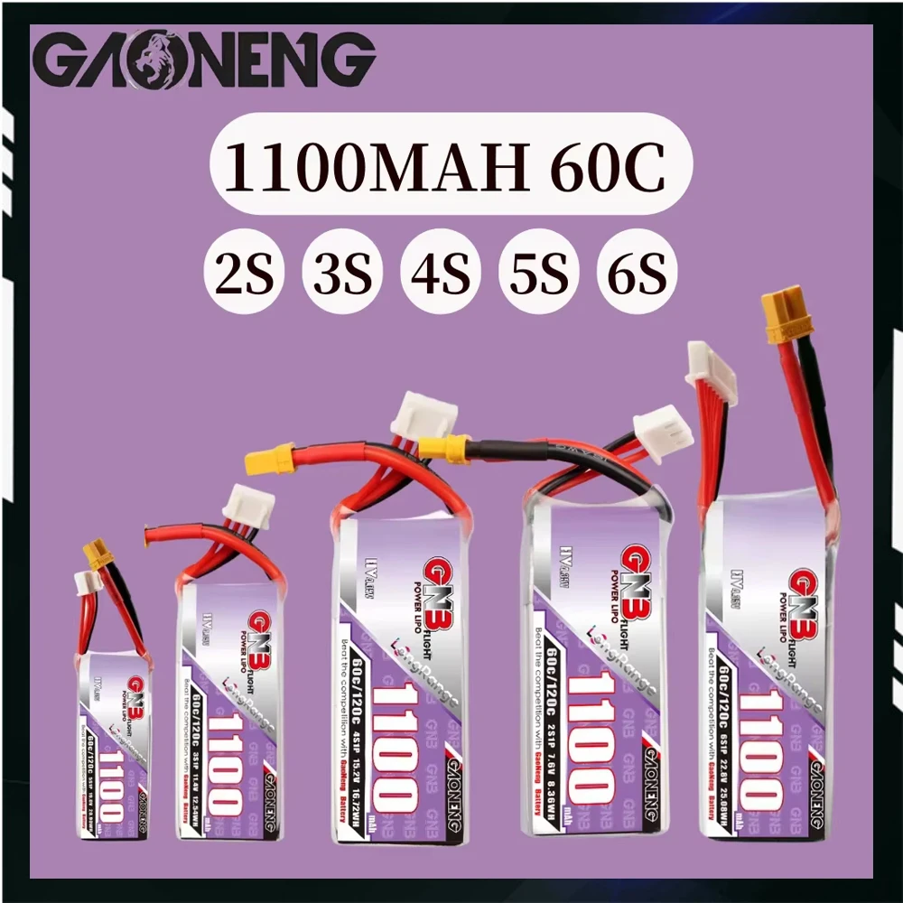 

LiPo аккумулятор дальнего действия (2S-6S): GNB 1100 мАч 60C с XT30, 7,6–22,8 В для гонок FPV и дрона на большие расстояния